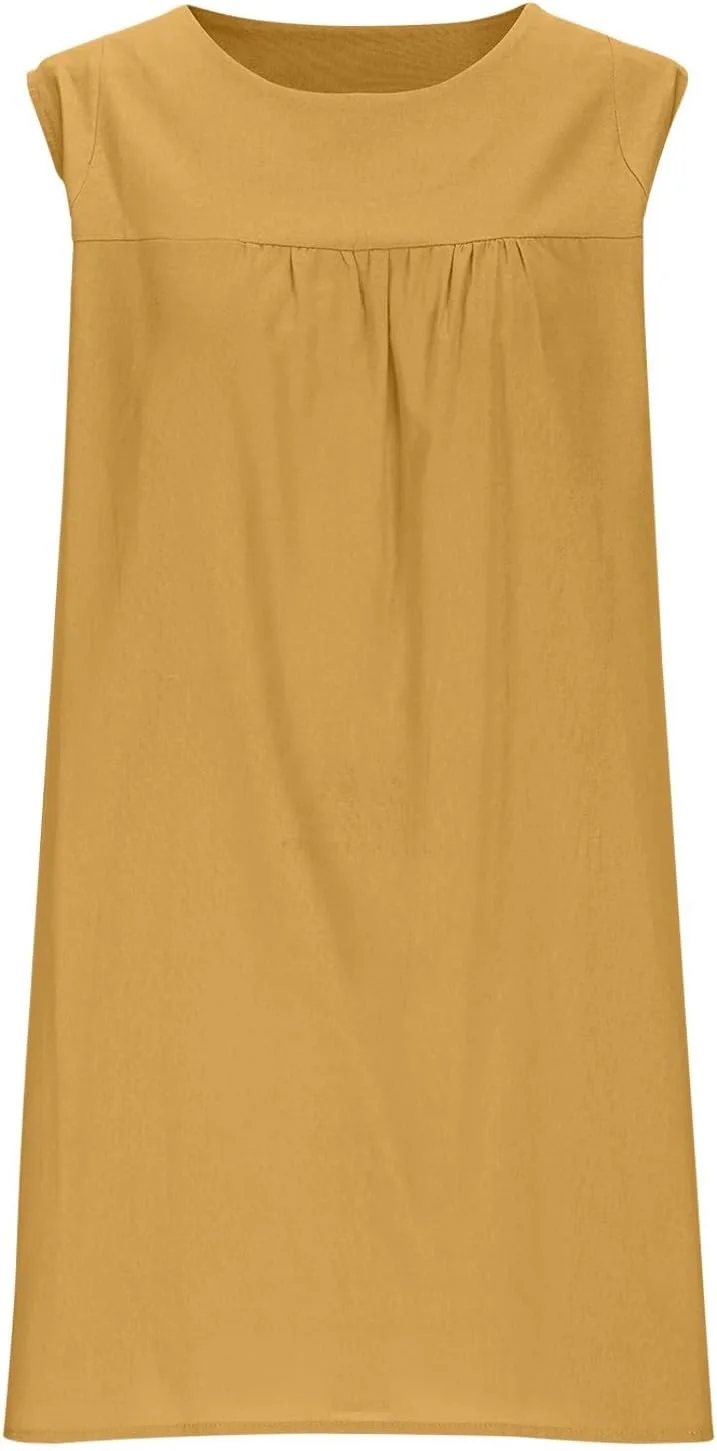 Сарафаны для женщин 2025: Удобное хлопковое мини-платье с круглым вырезом и короткими рукавами из льна, повседневное плиссированное платье-рубашка однотонного цвета Generic, желтый — фото 4