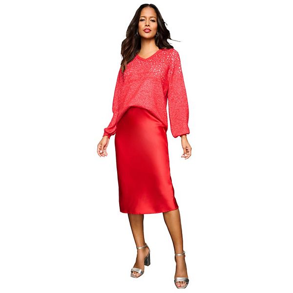 

Женский свитер плюс сайз с декоративными элементами и рукавами буф Roaman'S, Red Rhinestone Burst