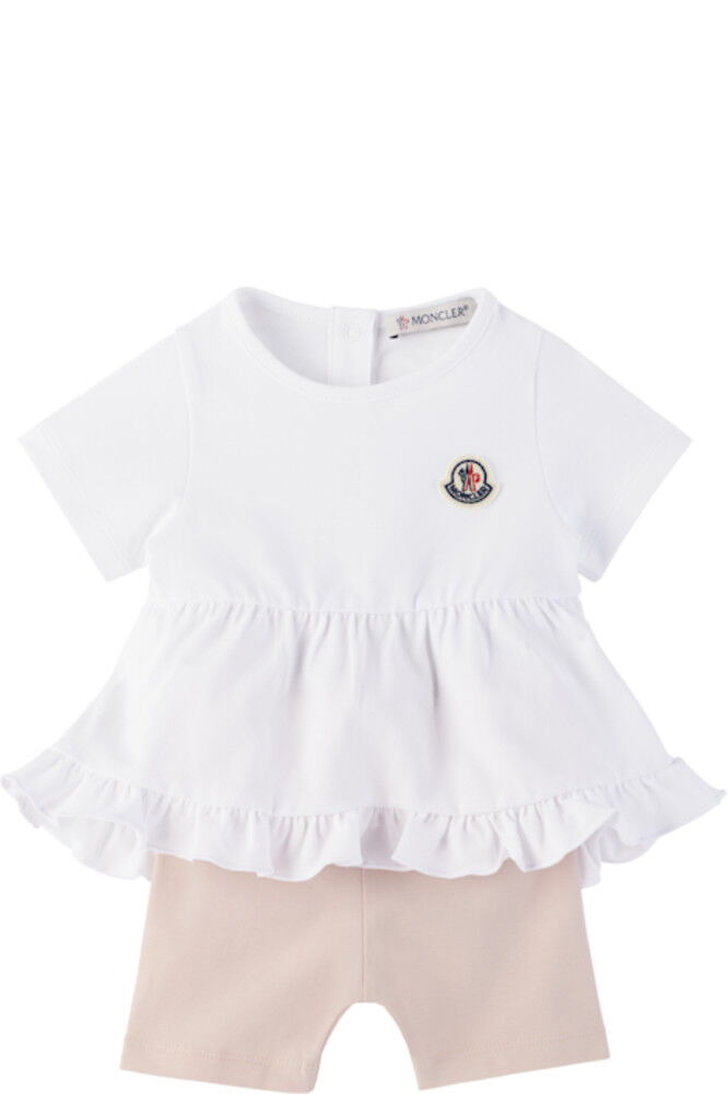 

Комплект из хлопкового платья и шорт белого и розового цвета с оборками Moncler Enfant