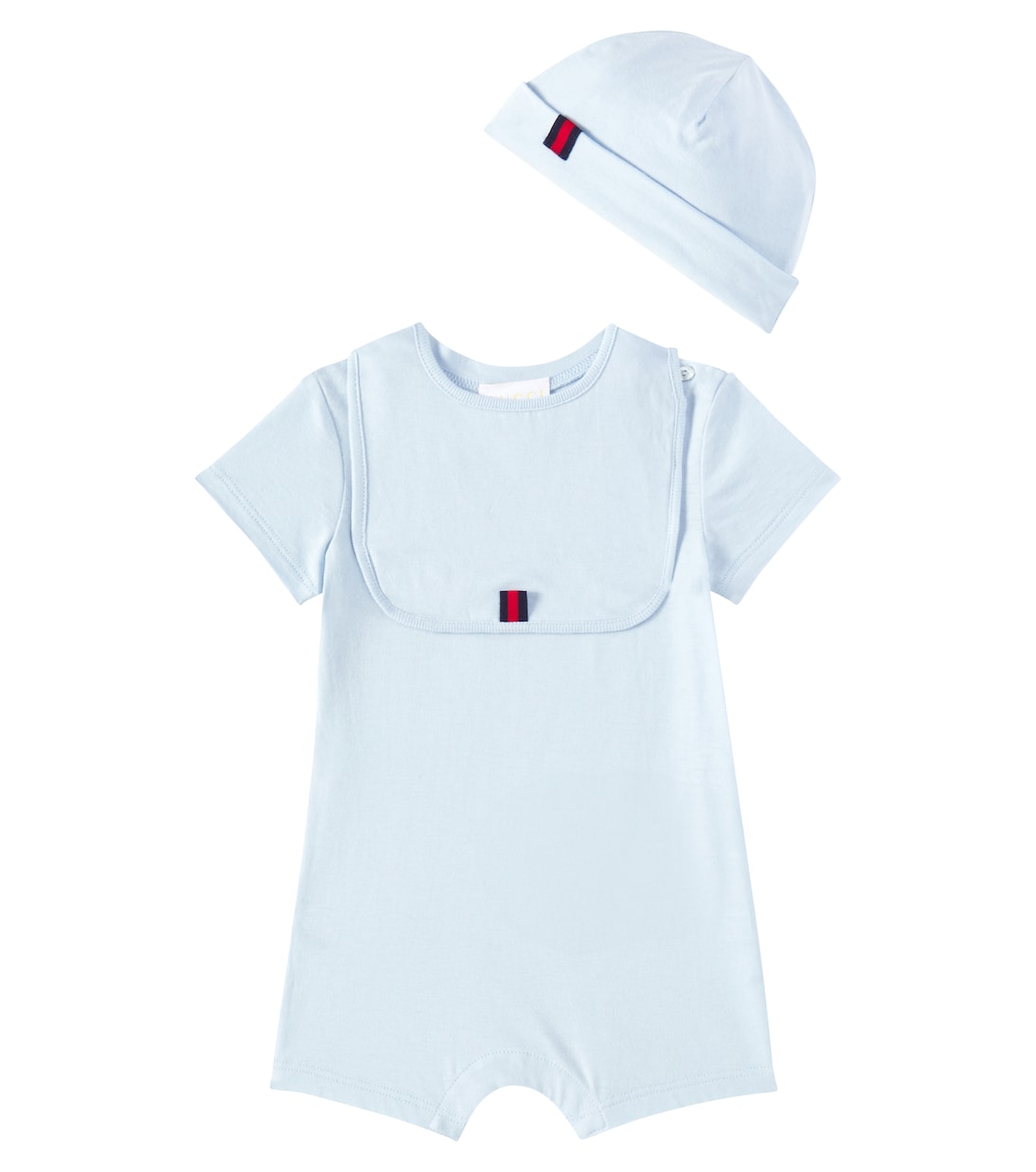 

Детский хлопковый комплект: боди, слюнявчик и шапочка Gucci Kids, Pale Blue/Mc