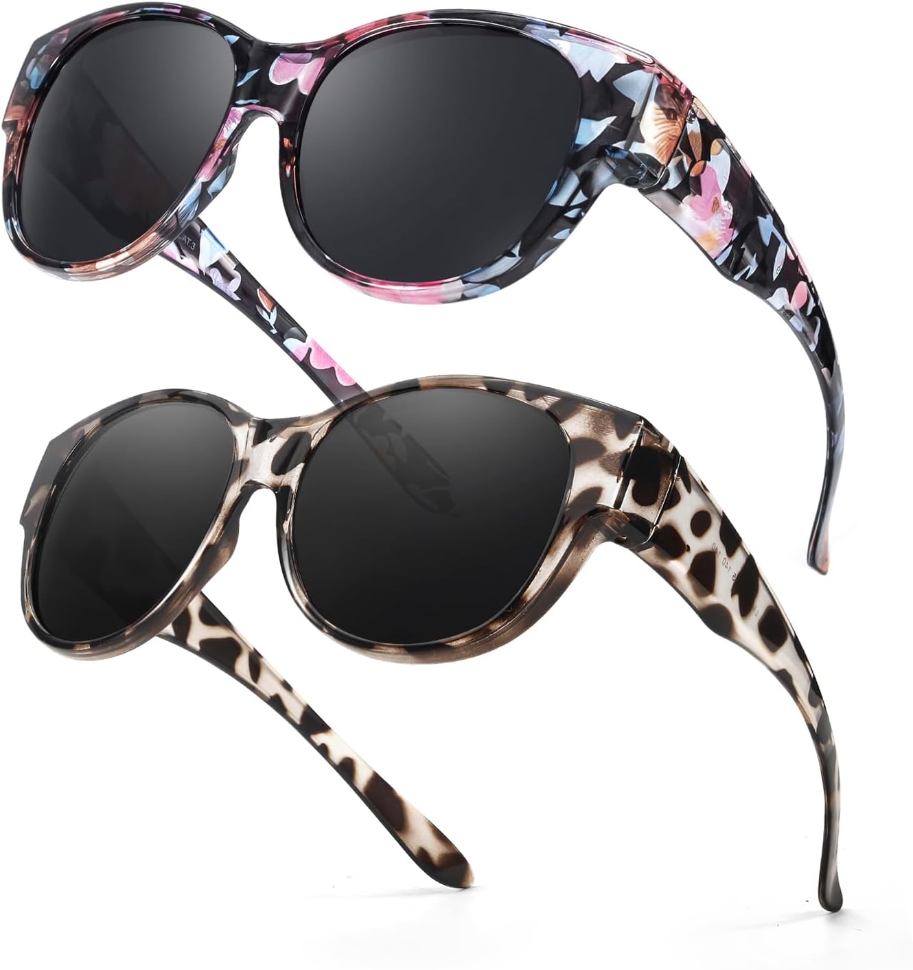 

FIMILU 2 шт. поляризованные солнцезащитные очки, надеваемые поверх обычных очков, круглые солнцезащитные очки с защитой UV400 для вождения и активного отдыха на природе, A03 Floral+whitetortoise Frame/Grey Lens