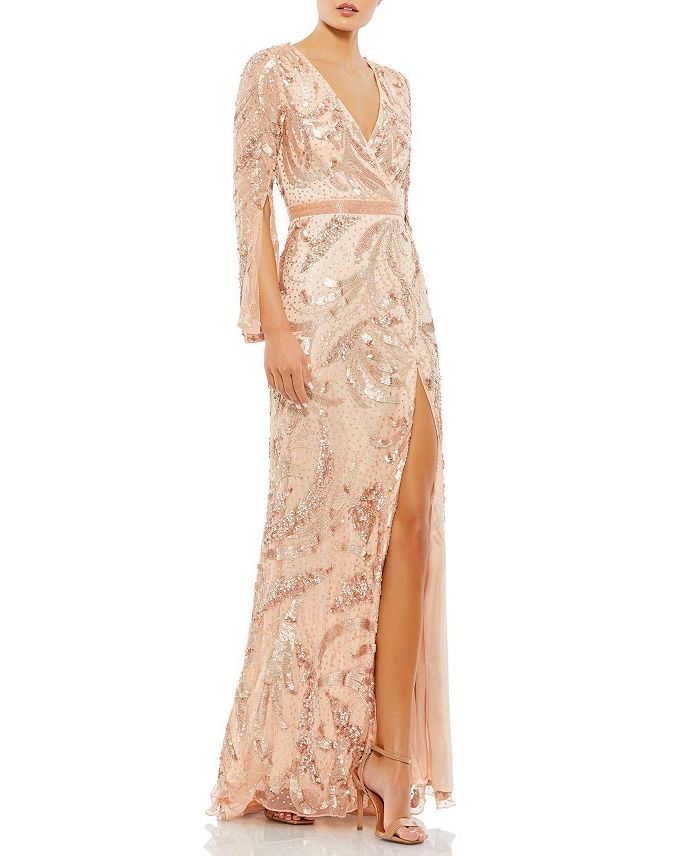 

Блестящее платье с ложной запашкой, разрезом и длинными рукавами Mac Duggal, золотой