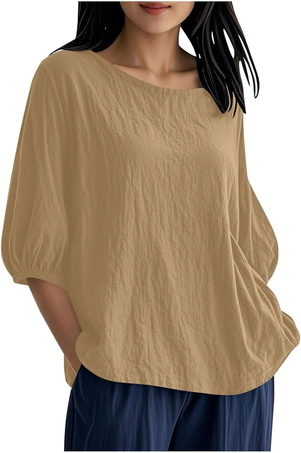 Блуза с рукавом 3/4 из хлопка и льна, свободный крой, D005-khaki