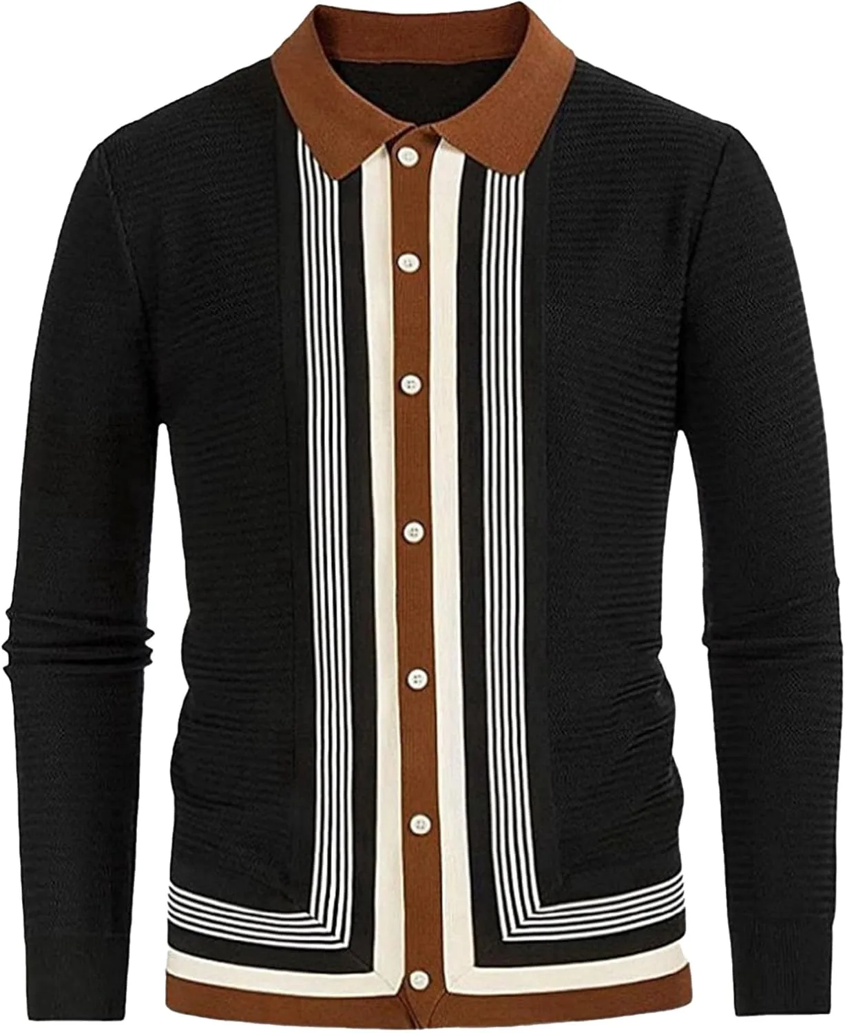 

Мужской кардиган в полоску с воротником-стойкой