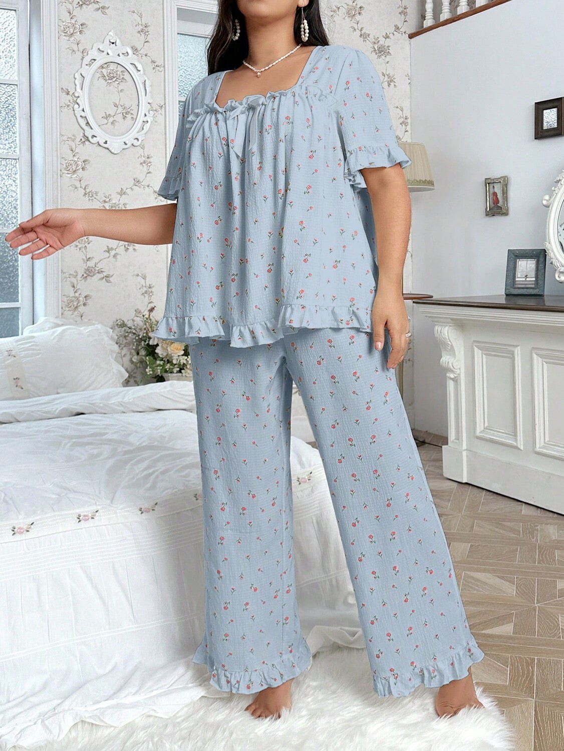 

CottageSlumber Женская пижама, узор в виде роз, квадратный вырез горловины, бант Shein, синий