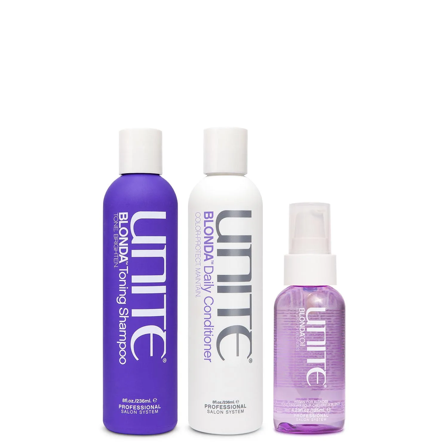UNITE Hair - тонирующий шампунь BLONDA, ежедневный кондиционер и масло BLONDA - нейтрализует желтизну, восстанавливает и придает блеск - для блонда - 236 мл, 236 мл и 125 мл, Purple