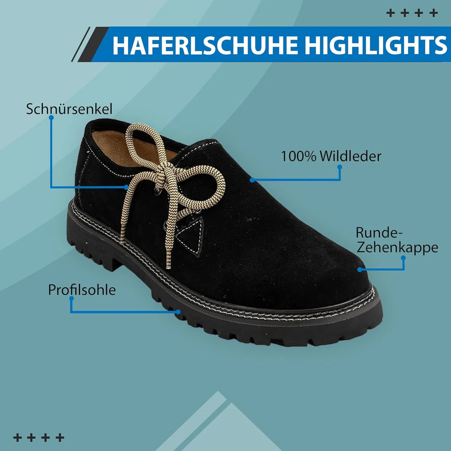 Традиционные немецкие кожаные туфли Haferlschuhe, оригинальные, ручной работы, из замши, с двумя шнурками German Wear, Black — фото 4