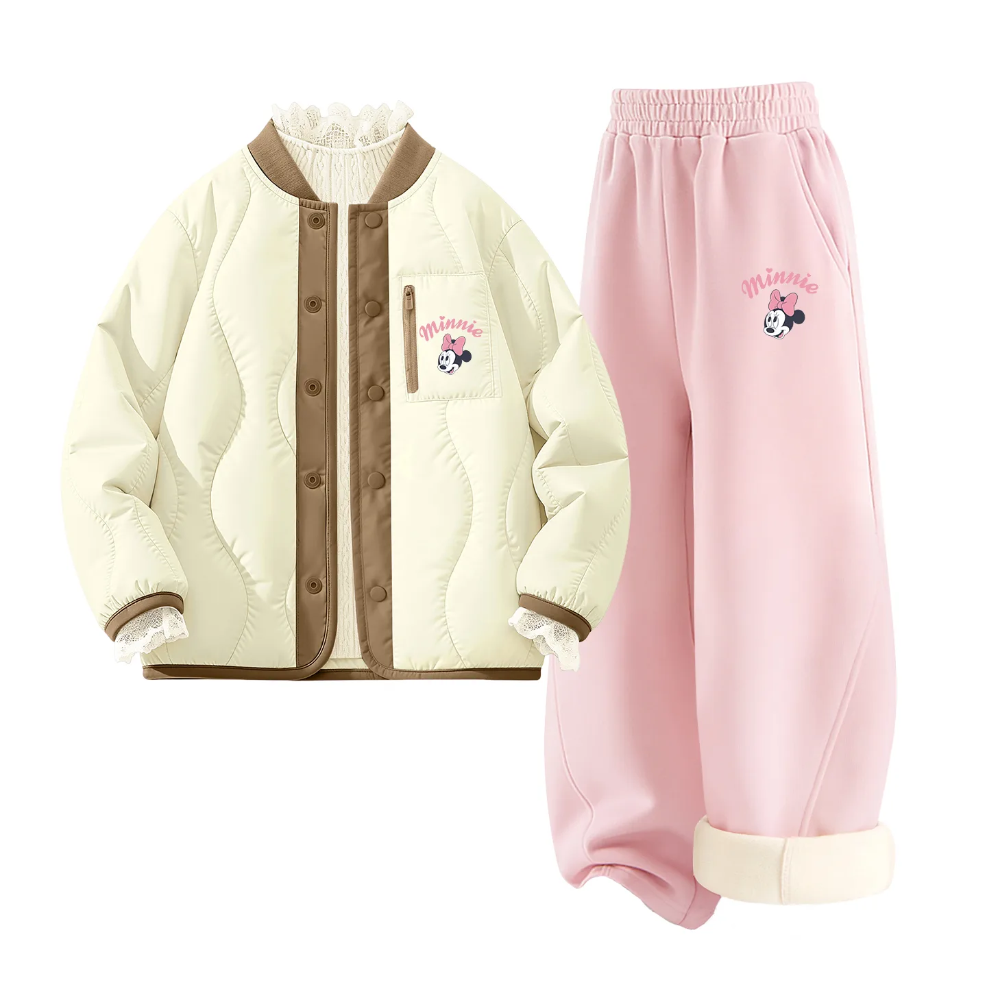 Детская повседневная спортивная футболка с круглым вырезом Disney, [Thickened and Fleece-Lined Three-Piece Set]Silicone Di Lift K Ecru+Di Lift K Lotus Pink+Solid Color Ecru