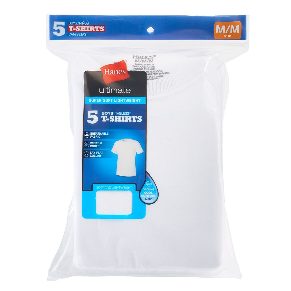 Комплект из 5 футболок Hanes Ultimate без бирки для мальчиков 4–20 лет с технологией Cool Comfort, белый — фото 2