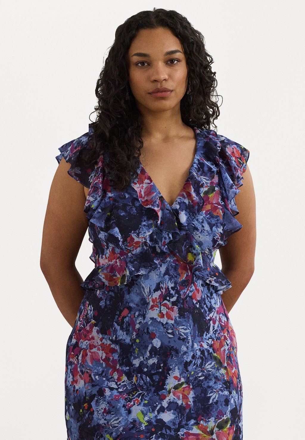 

Повседневное платье PRINT RUFFLE-TRIM GEORGETTE MIDI DRESS Lauren Ralph Lauren Woman, синий