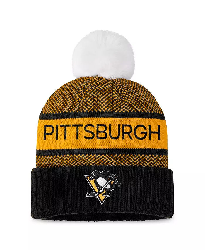 

Женская вязаная шапка с помпоном и манжетой Pittsburgh Penguins Authentic Pro Rink, черная/золотая Fanatics