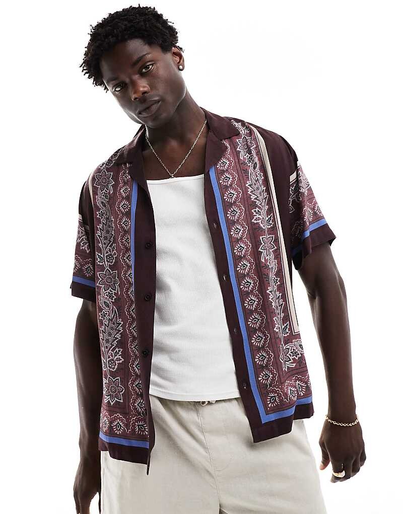 

ASOS DESIGN Коричневая рубашка свободного кроя с кубинским воротником с плиточным узором