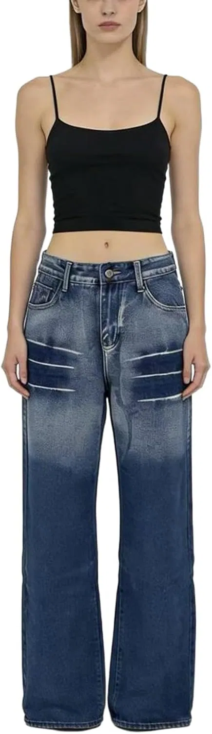 Женские джинсы Vintage Washed свободного кроя Generic, темно-синий