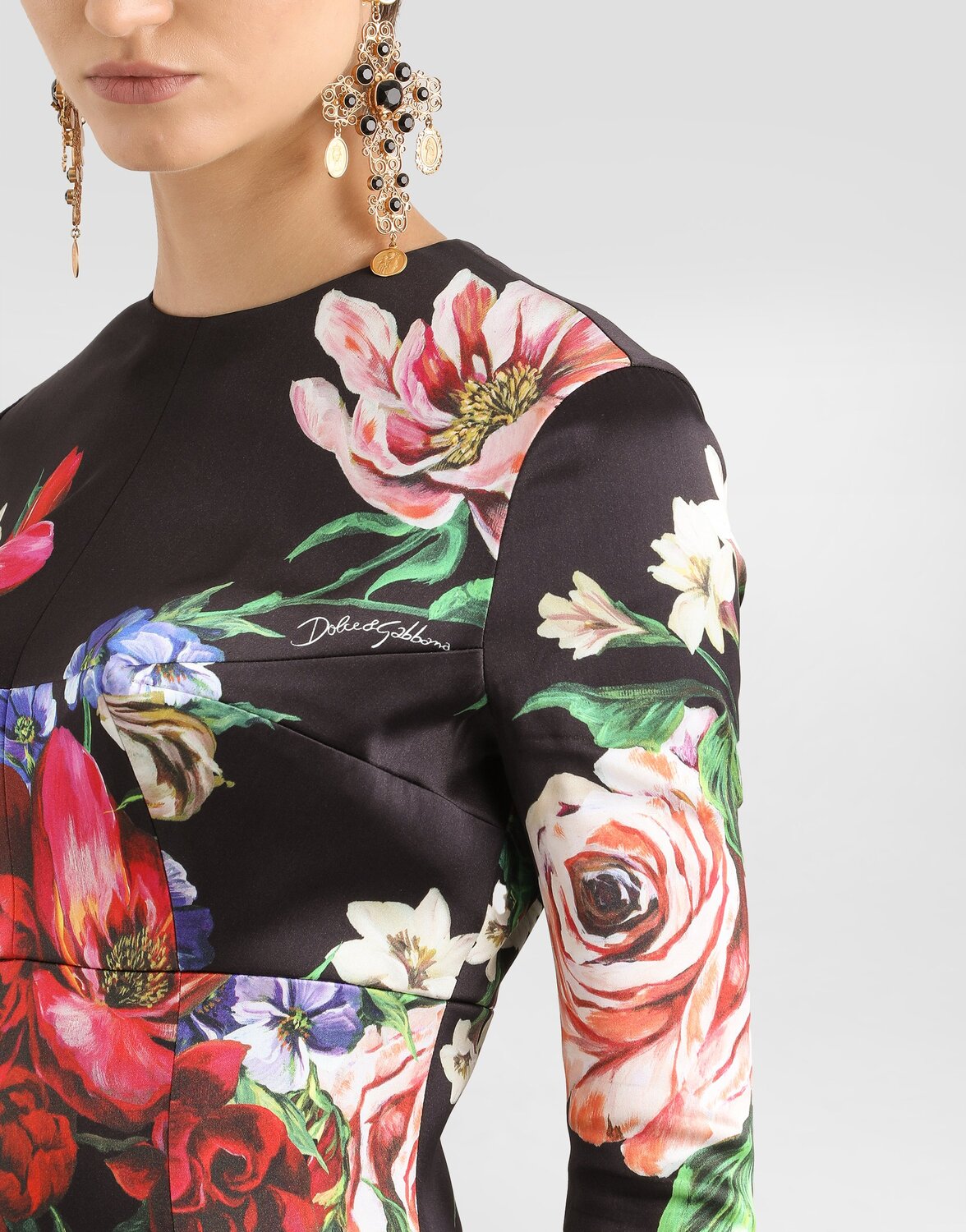 Атласное платье миди с круглым вырезом и цветочным принтом Dolce & Gabbana, принт — фото 4