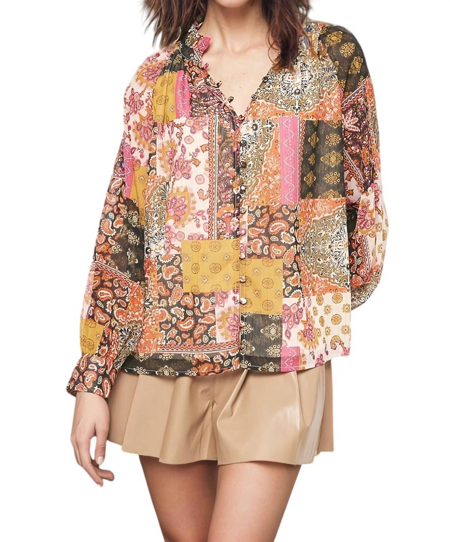 

Шифоновый топ с длинными рукавами Daphne Patchwork Print, цвет Rust entro