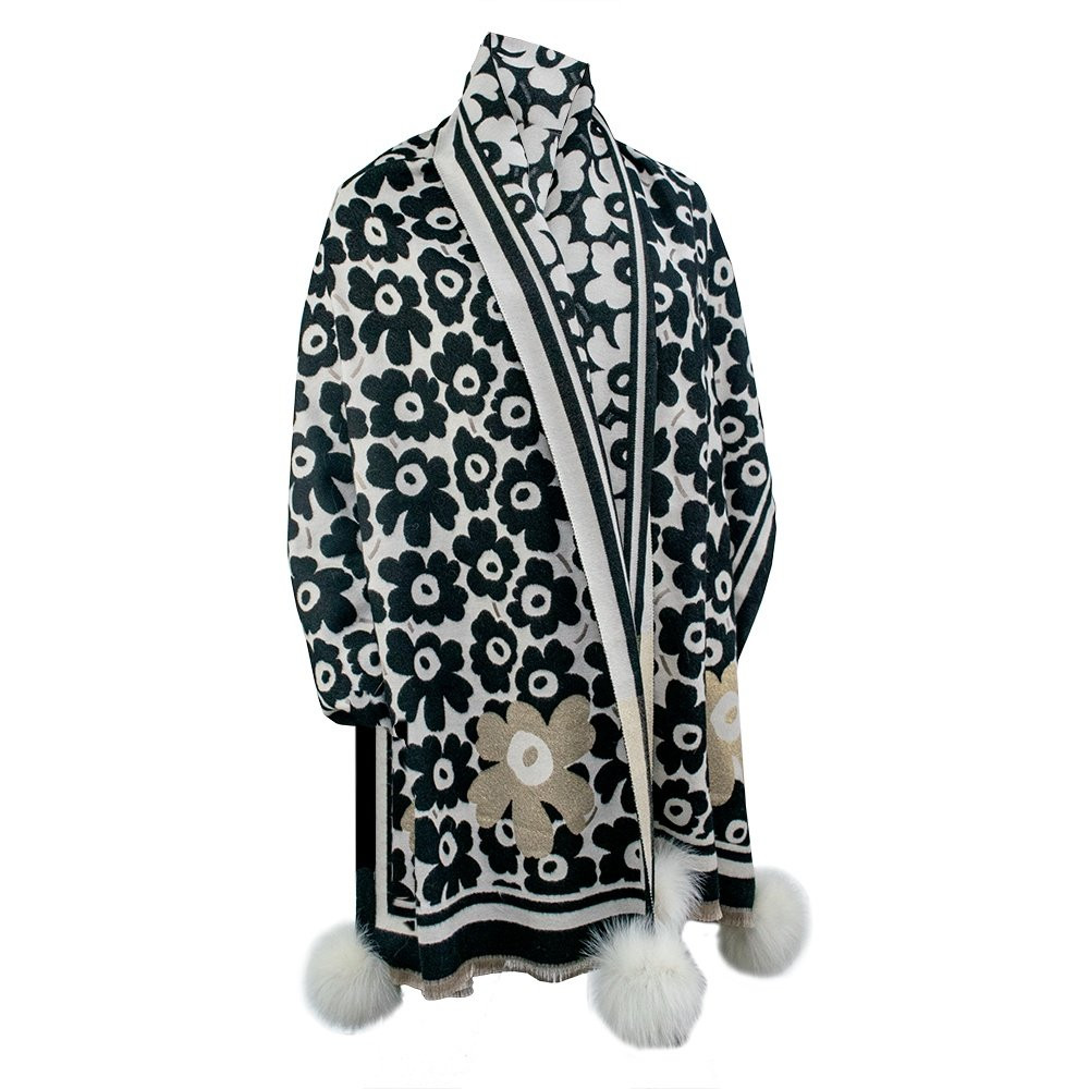 

Широкий шарф Peter Glenn с цветочным принтом и помпоном из натурального меха (женский), Ivory/Fox Fur