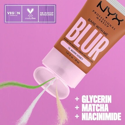NYX PROFESSIONAL MAKEUP Тональная основа Bare With Me Blur Skin Tint с матча, глицерином и ниацинамидом, теплый мед, 1,01 жидкая унция — фото 2