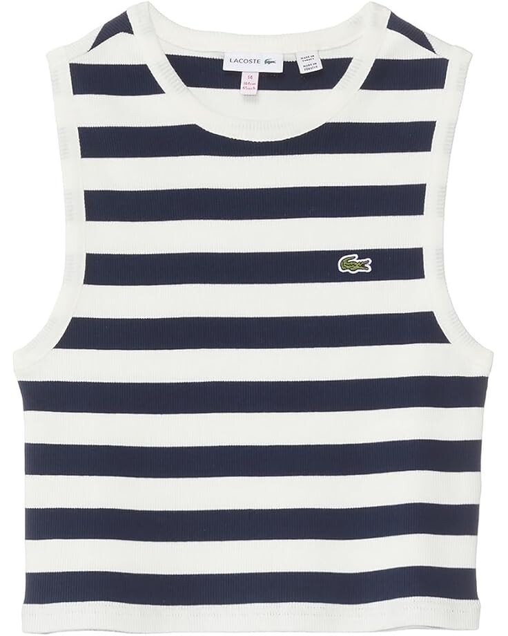 

Топ Lacoste Kids Sleeveless Crew Neck Ribbed Striped Cropped Tank Top, цвет Flour/Navy Blue