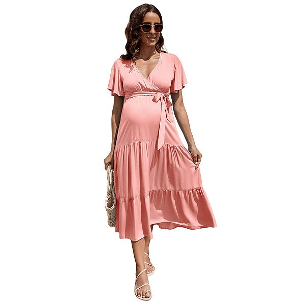

Женское платье для беременных с V-образным вырезом, рукавами-фонариками и поясом Seoria, Pink
