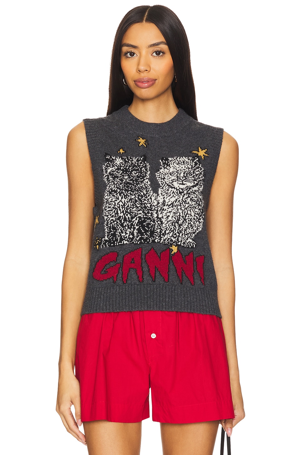 

Жилет с рисунком из шерсти и кошек Ganni, цвет gray quill