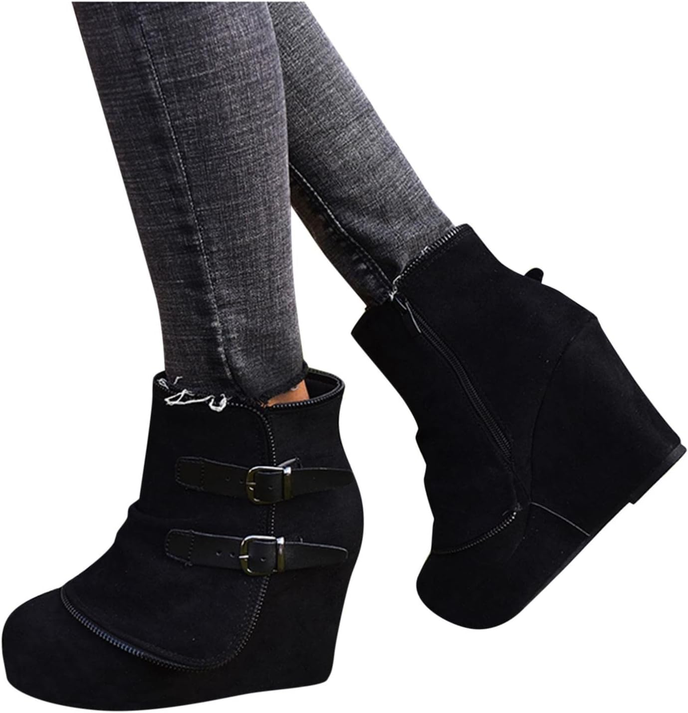 

Женские ботильоны Hbeylia на высоком каблуке, бохо, винтажные, с двойной металлической пряжкой, замшевые, с круглым носком, черный