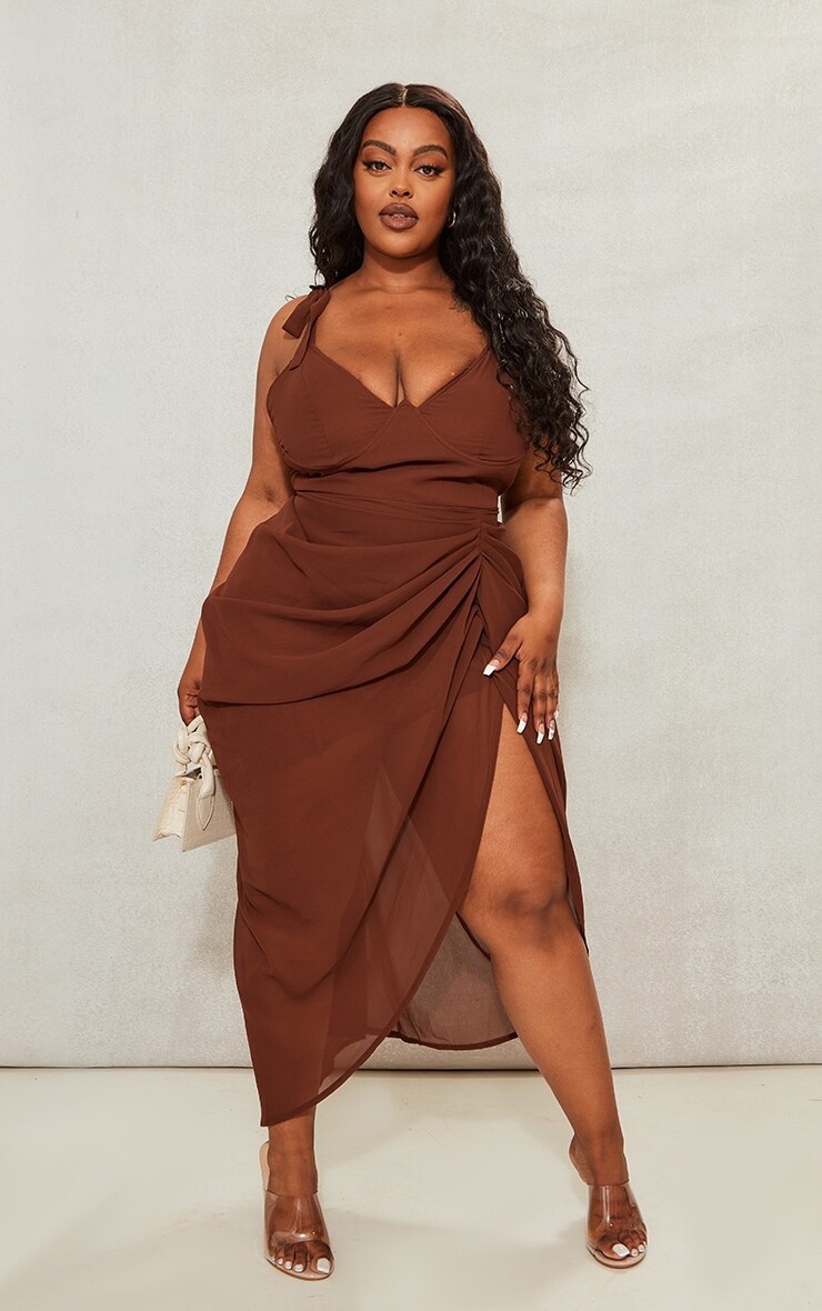 

PrettyLittleThing Платье миди на косточках шоколадного цвета с драпировкой, Коричневый, PrettyLittleThing Платье миди на косточках шоколадного цвета с драпировкой