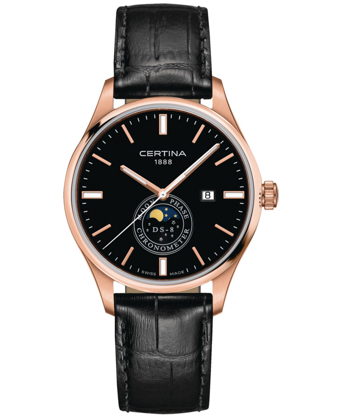 

Мужские швейцарские часы DS-8 Moon Phase с черным кожаным ремешком, 41 мм Certina