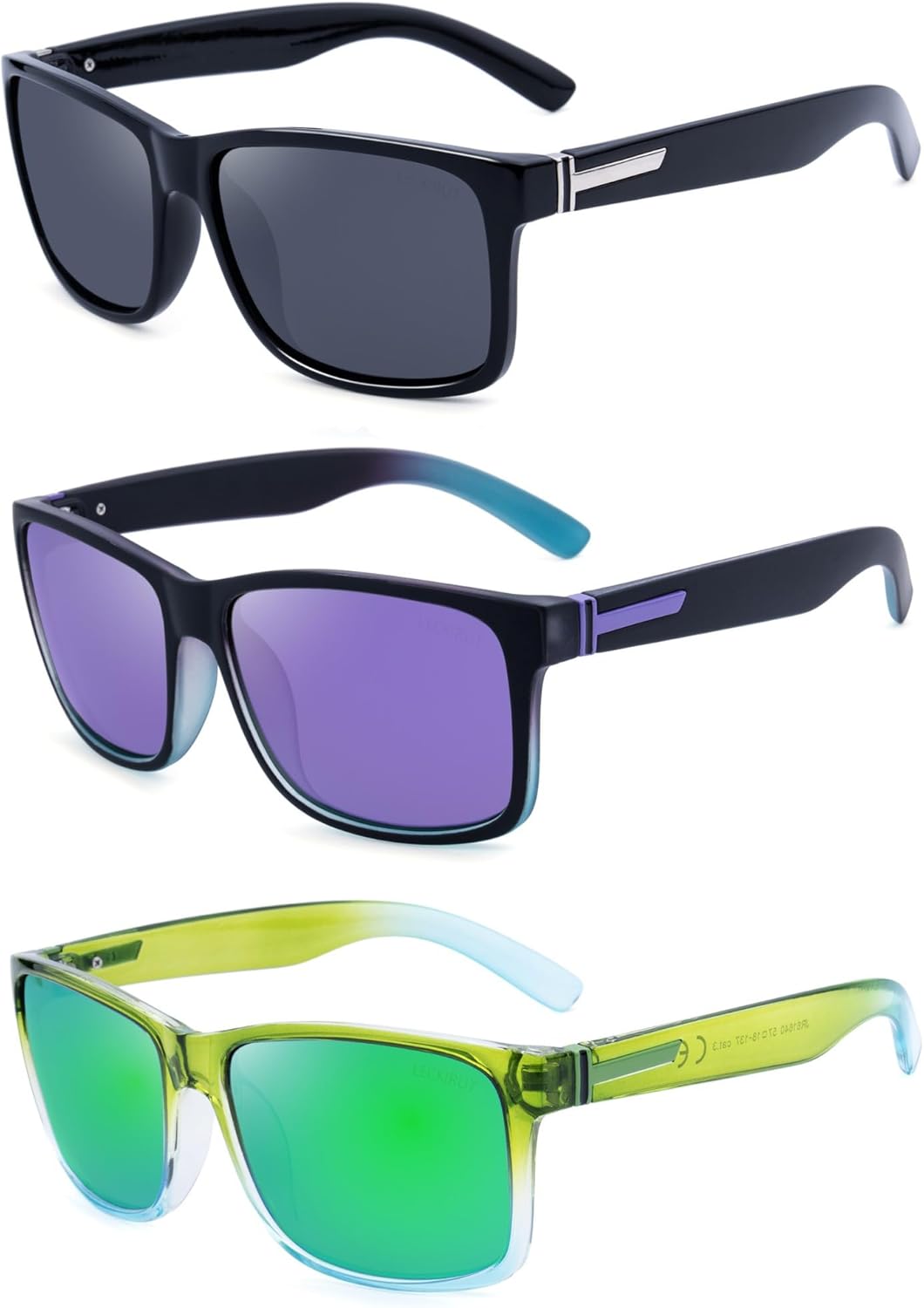 

Винтажные поляризованные солнцезащитные очки LECKIRUT для мужчин и женщин, ретро-очки с крупными квадратными зеркальными линзами, A2 (3pcs) Black Silver/Grey + Purple + Green