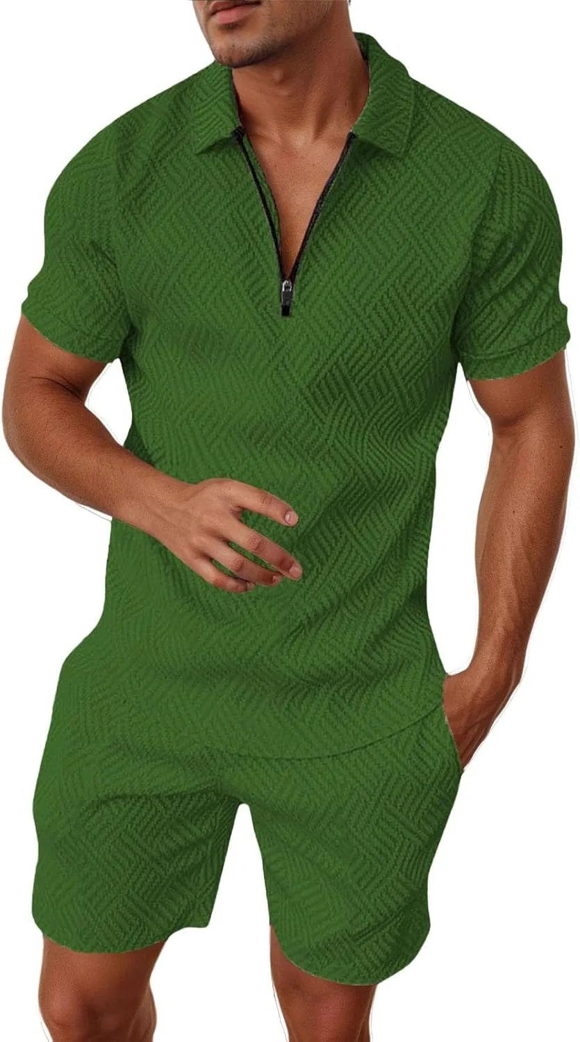 Мужской спортивный костюм с поло и шортами, полоска, Army Green