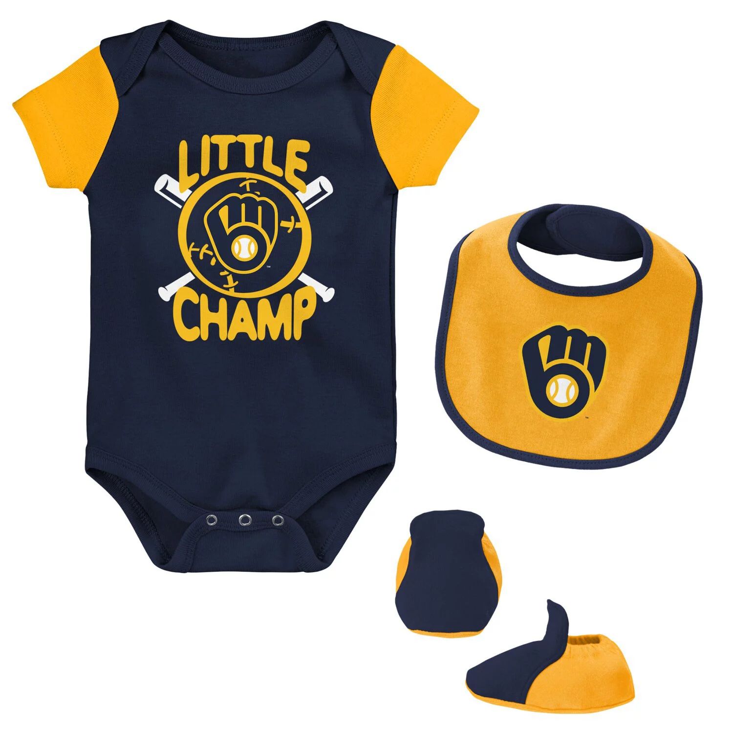 

Комплект из трех боди, нагрудника и пинеток Milwaukee Brewers Little Champ темно-синего/золотого цвета для новорожденных и младенцев Outerstuff, Синий, Комплект из трех боди, нагрудника и пинеток Milwaukee Brewers Little Champ темно-синего/золотого цвета 