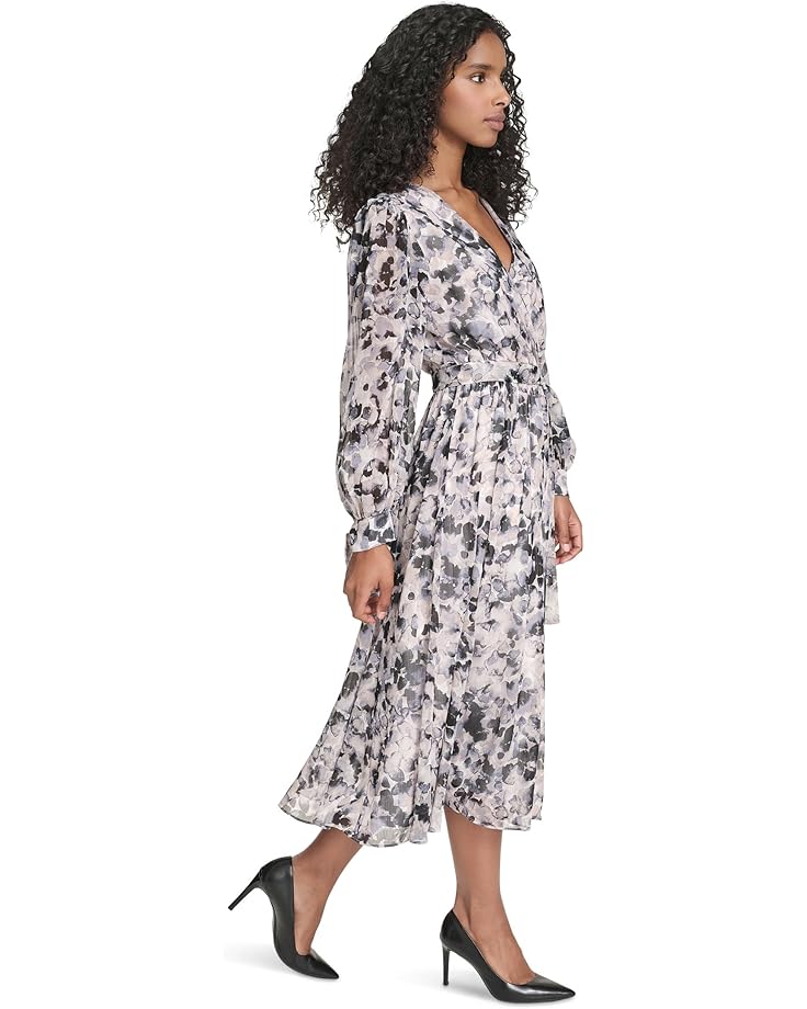 Женское платье Calvin Klein V-Neck Long Sleeve Chiffon Midi, Slate Multi — фото 2
