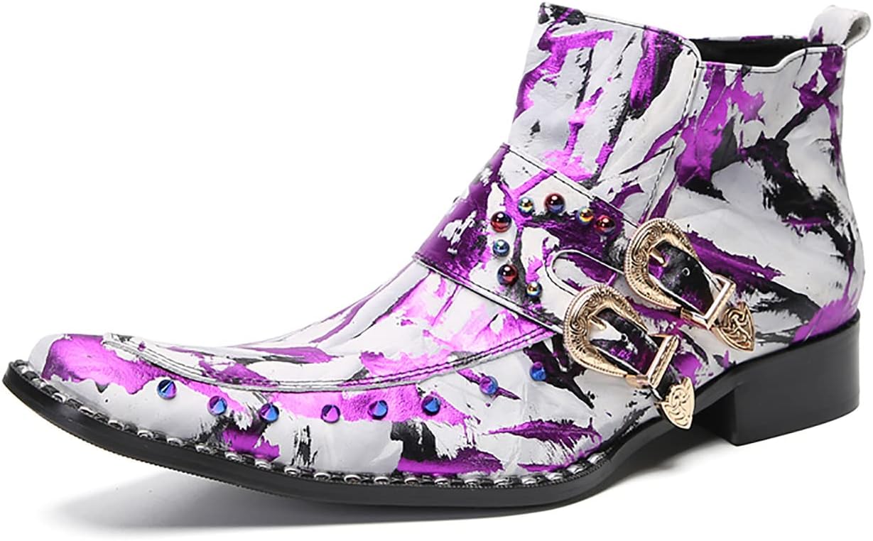 

Мужские челси-сапоги Santimon, повседневные классические ботинки, кожаные ковбойские сапоги с цветными заклепками, молнией и пряжкой, модные для выпускного, свадьбы, смокинга, вечеринки, диско, бального танца, западного стиля для мужчин, фуксия