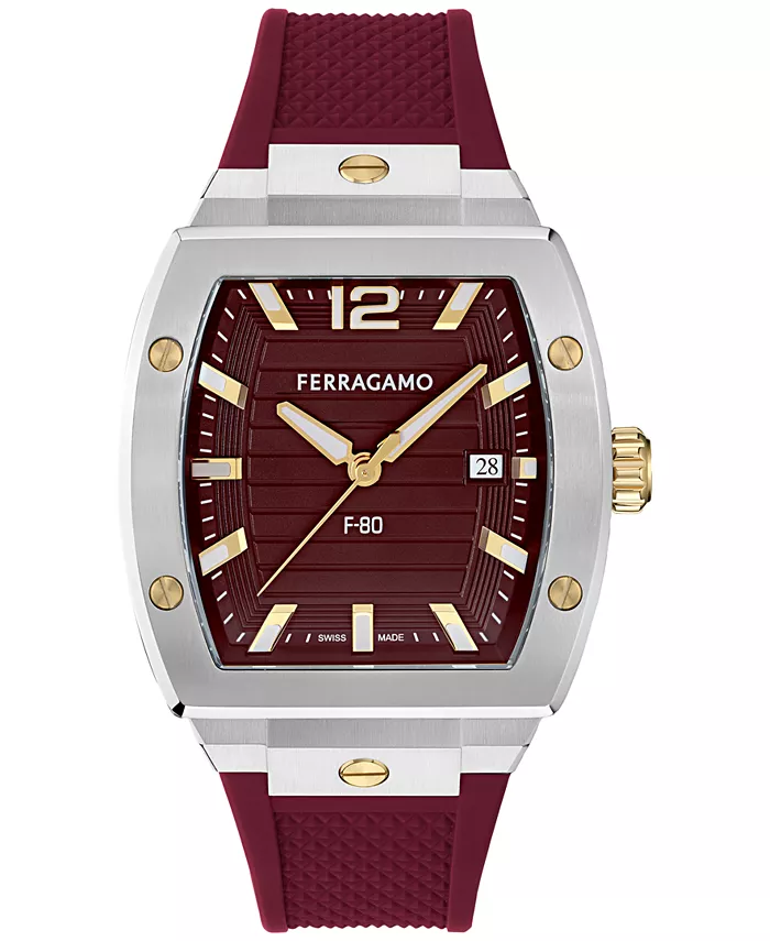 

Мужские часы Swiss F-80 Tonneau с ремешком из бургундского полиуретана 42mm Ferragamo