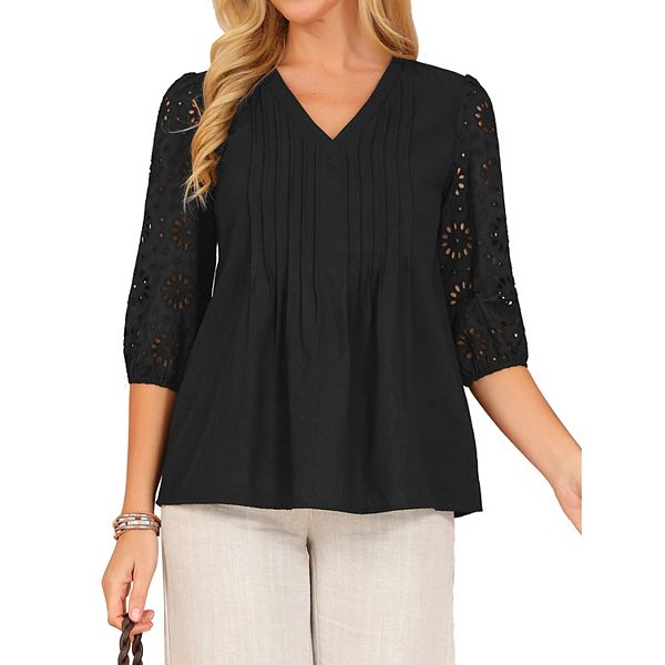 

Женская блузка с вышивкой и кружевом, V-образным вырезом и рукавом 3/4 Inspire Chic, Black