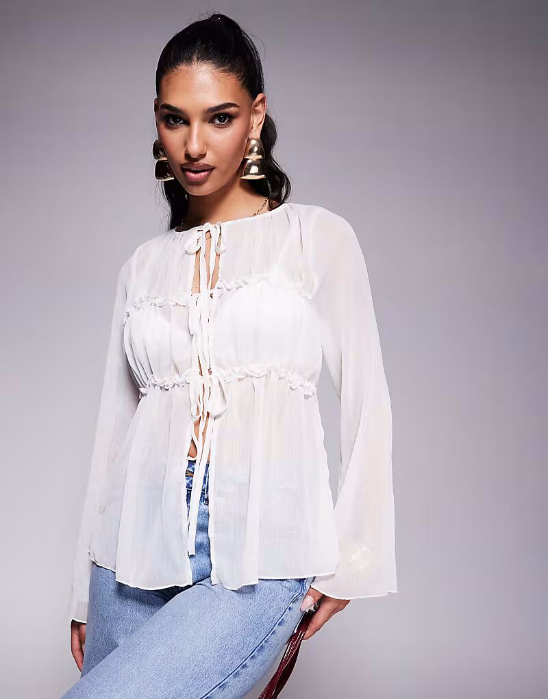 

Шифоновый топ ASOS DESIGN цвета экрю с присборенной отделкой и завязкой