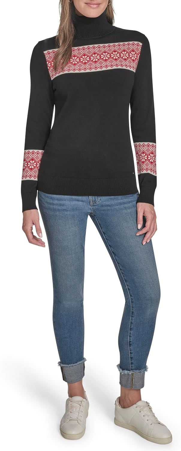 Женская хлопковая водолазка с длинным рукавом Tommy Hilfiger, легкая, Black/ Ivory/ Scarlet — фото 2
