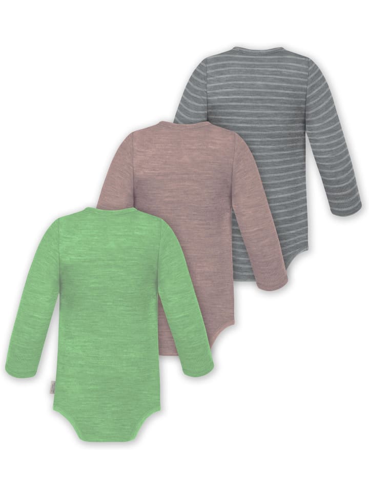 Normani Outdoor Sports Комплект из 3 детских боди с длинными рукавами из мериносовой шерсти, цвет Окленд, серый/розовый/зеленый — фото 2