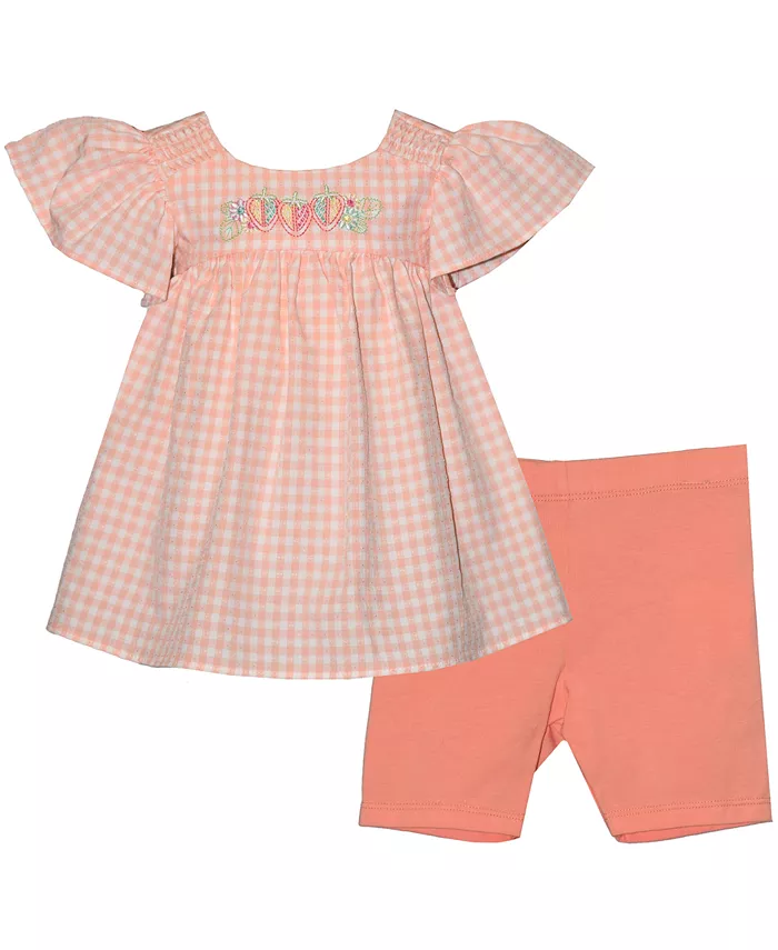 

Детский комплект для девочек: топ и шорты велосипедки в клетку с клубничкой Bonnie Baby