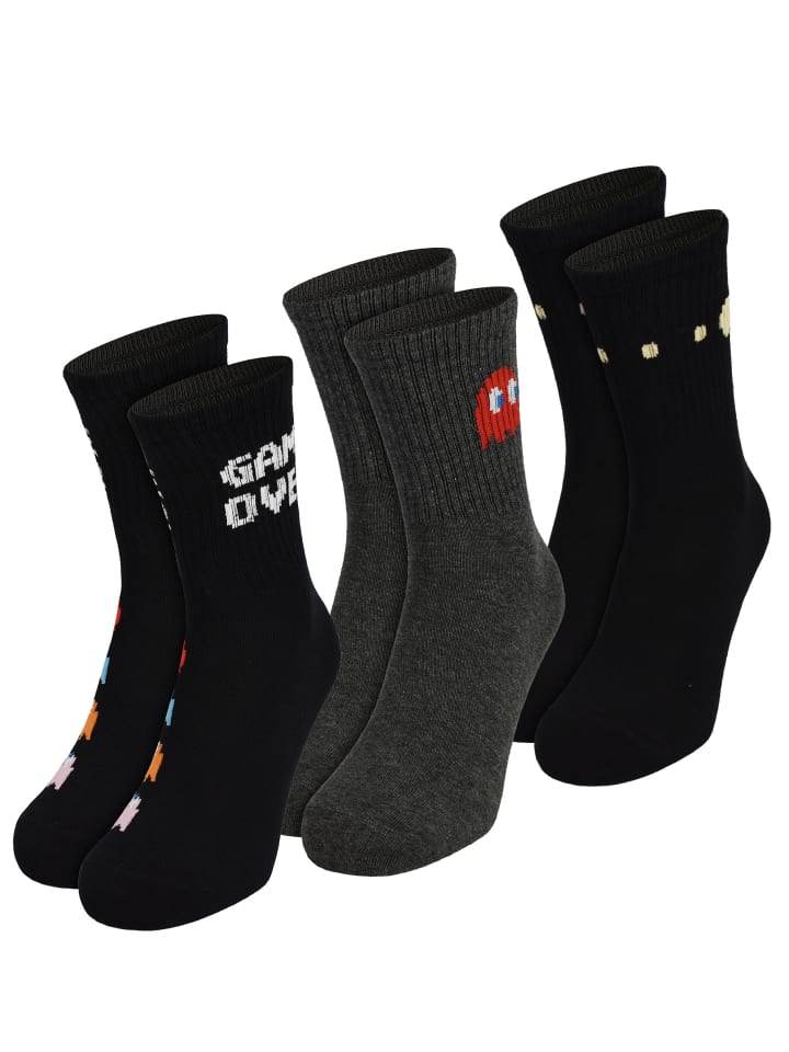

BANDAI Набор из 3 пар носков Pac-Man Crew Sneaker Socks, размер 40-45, серо-черные
