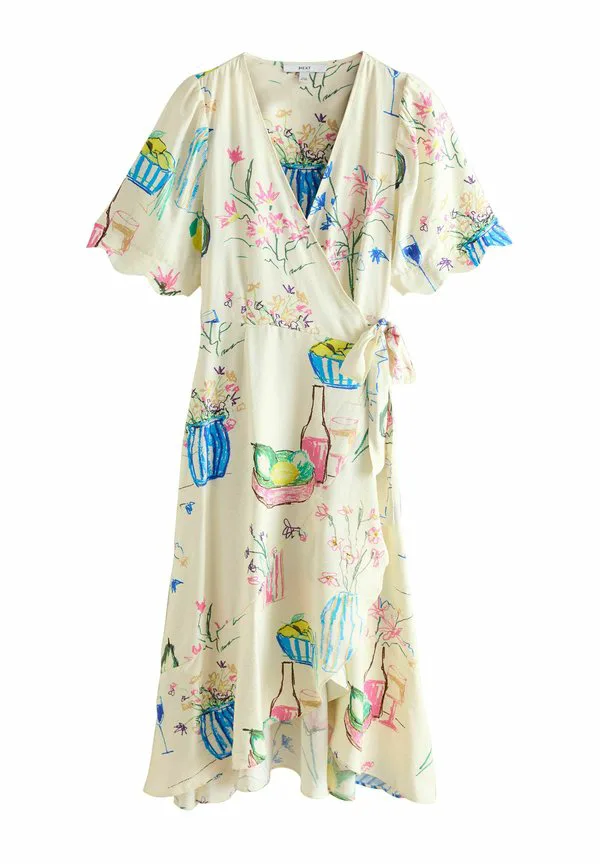 Платье-Миди прямого кроя с фестончатыми рукавами и запахом Next, Ecru White Floral Printed
