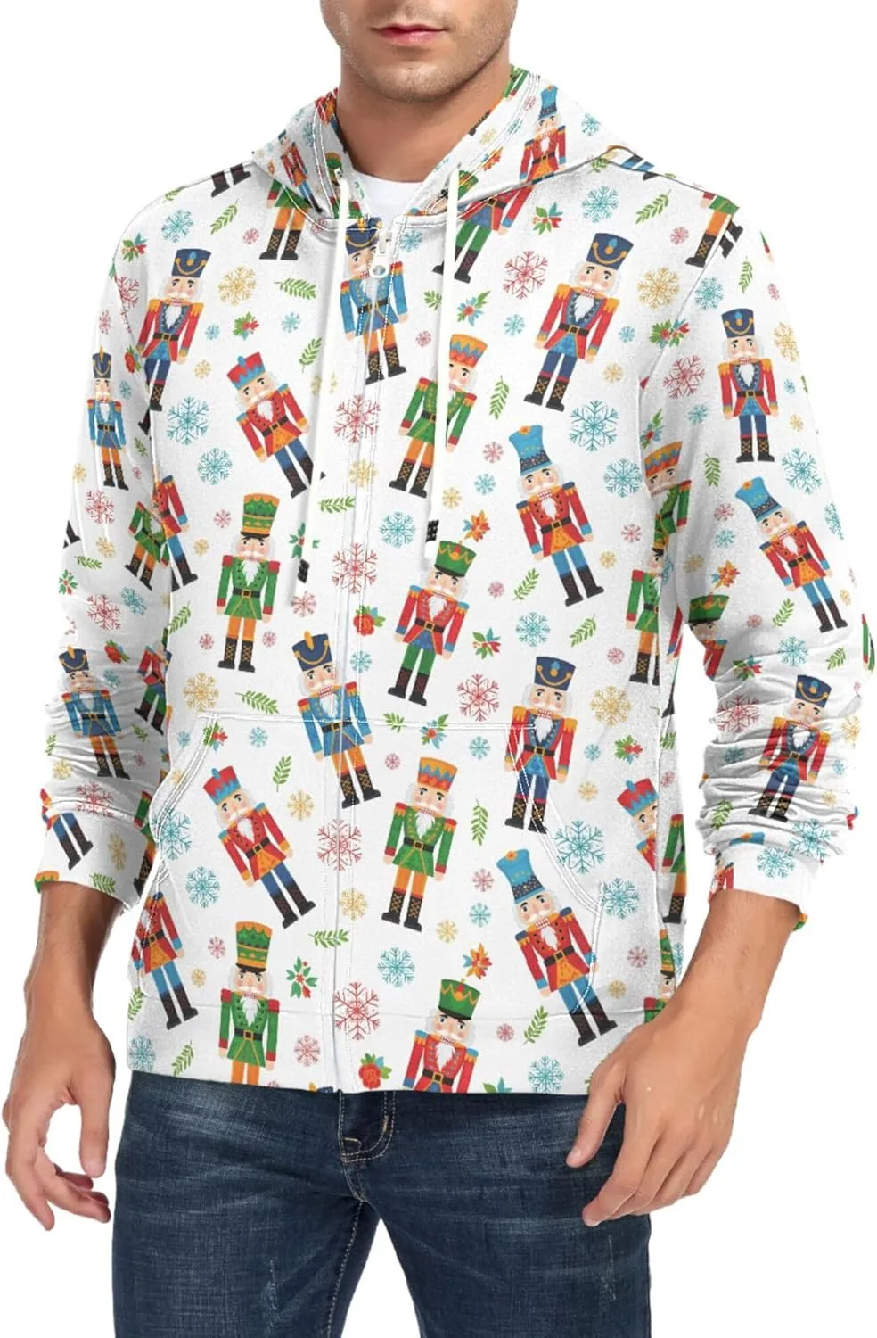 

Мужская худи с молнией Nutcracker Figures Snowflakes Leaves с длинным рукавом и карманом CUPADA