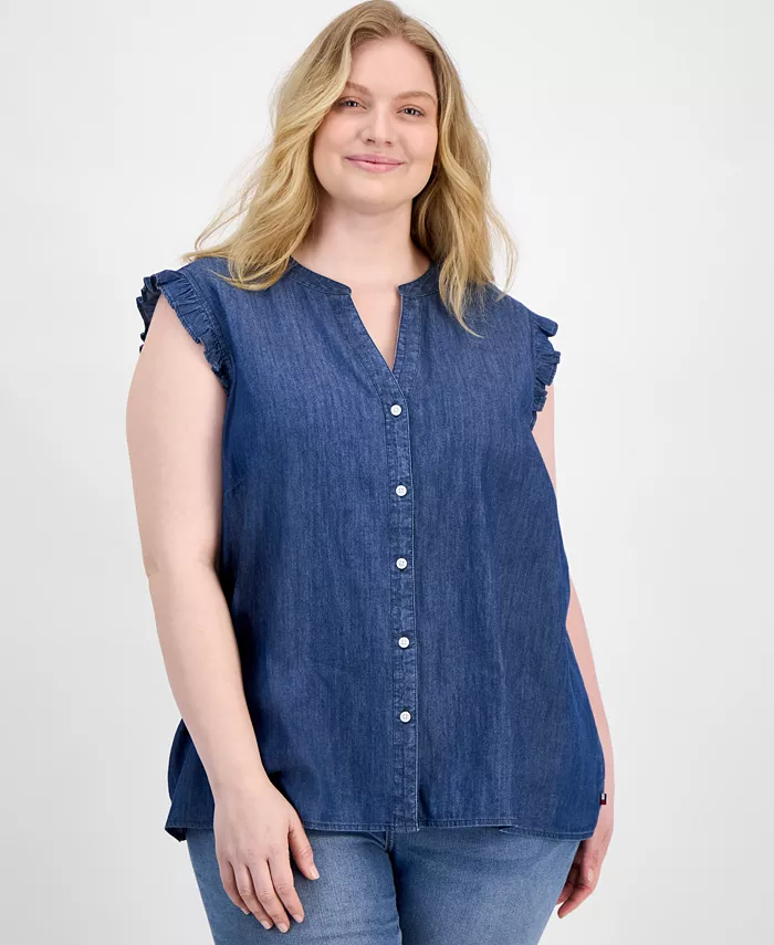 

Рубашка из шамбре с рюшами на манжетах Plus Size Tommy Hilfiger, синий