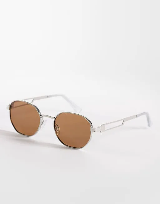 

Серебристые круглые металлические солнцезащитные очки Jeepers Peepers с коричневыми линзами