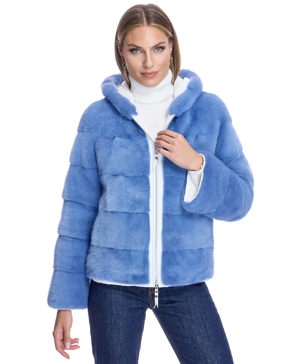 

Женская двусторонняя норковая шуба с капюшоном Maximilian, голубой