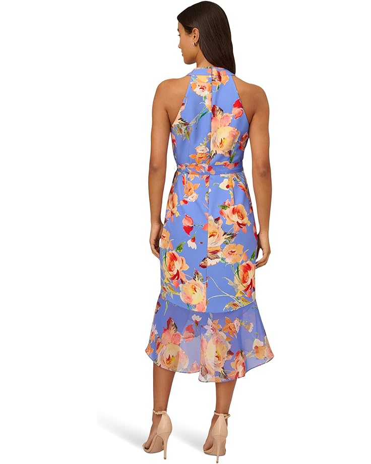 

Платье Adrianna Papell Printed Stretch Crepe Halter Dress with Cascade High-Low Hem, цвет Periwinkle Multi