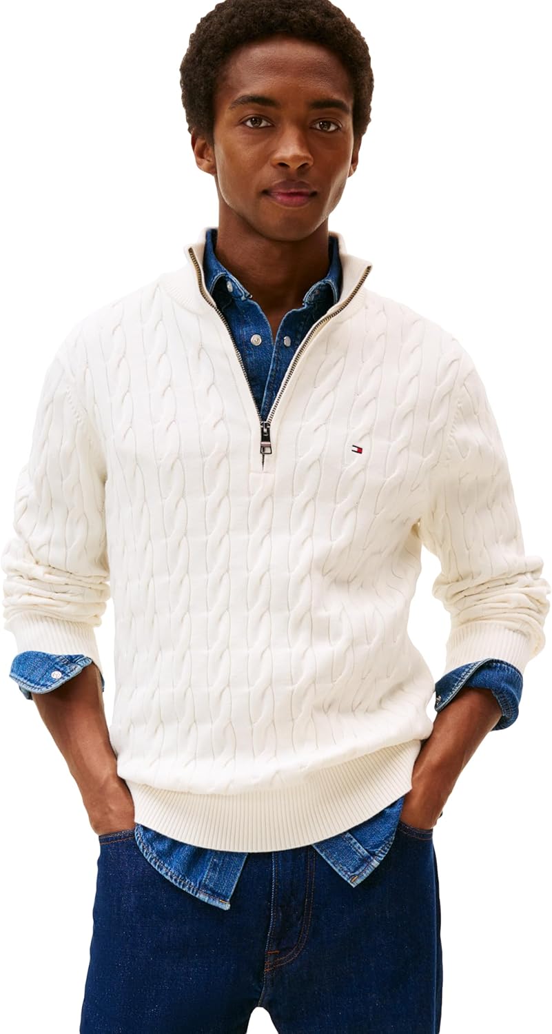 

Мужской легкий свитер Tommy Hilfiger Cable с застежкой-молнией на четверть оборота, Ivory Petal