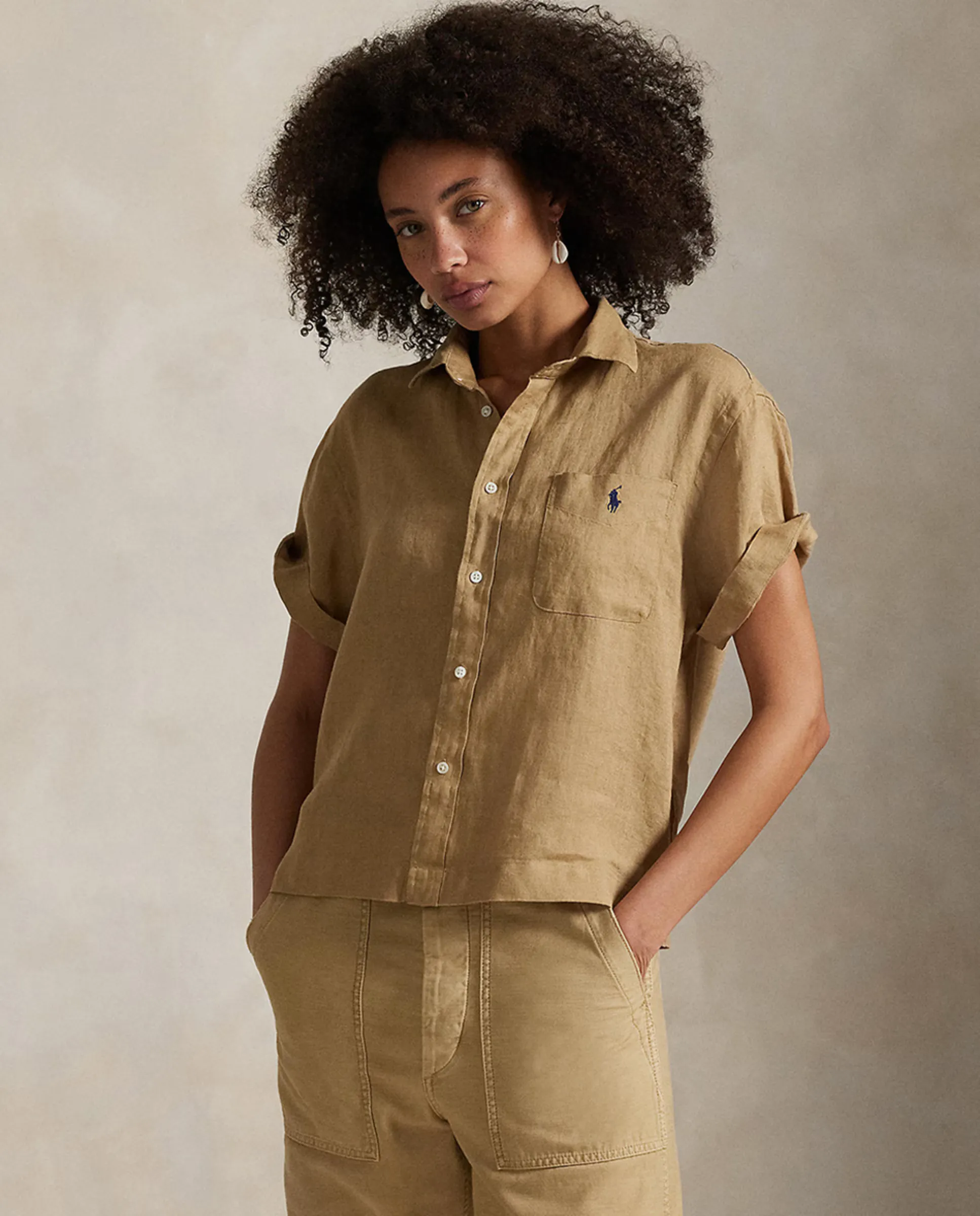 

Женская льняная рубашка с коротким рукавом Polo Ralph Lauren, коричневый