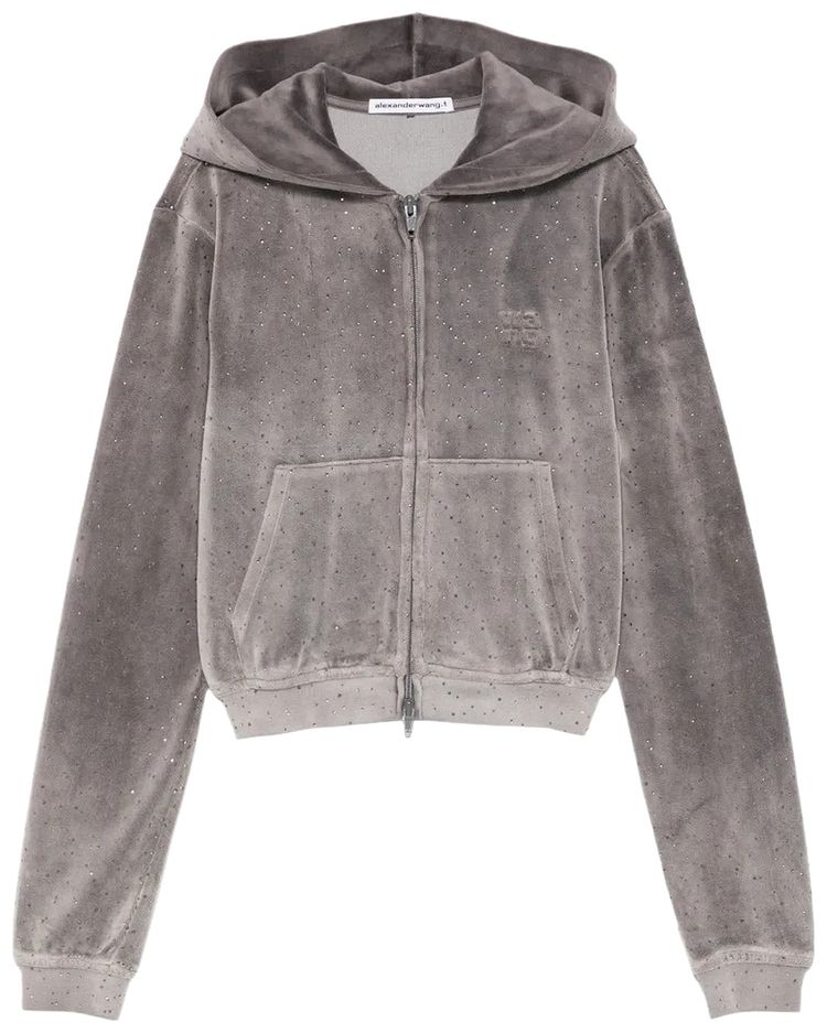

Худи Alexander Wang Allover Hotfix Shrunken Zip Up Hoodie, серый