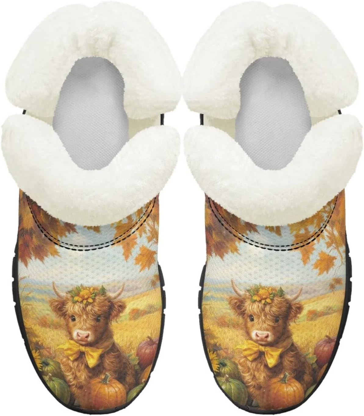 

Детские ботинки для девочек на зиму с меховой подкладкой, противоскользящие зимние ботинки для прогулок и бега, слипоны Pointodoor, Highland Cattle Maple Leaf