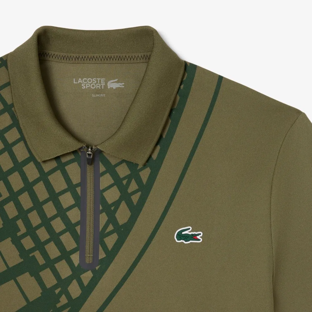 Мужская теннисная рубашка поло Lacoste с короткими рукавами и молнией, цвета хаки — фото 3